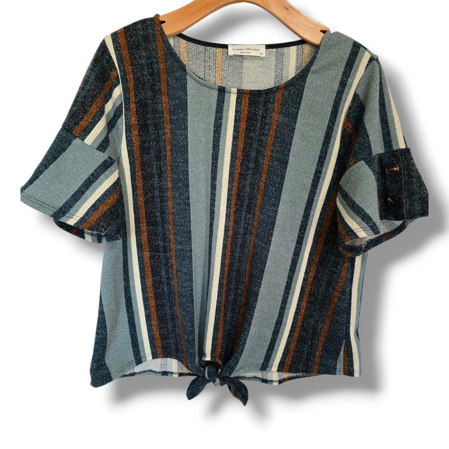 Modern Attraction Striped Tie-Front Top Large Blue Brown Flutter Sleeve