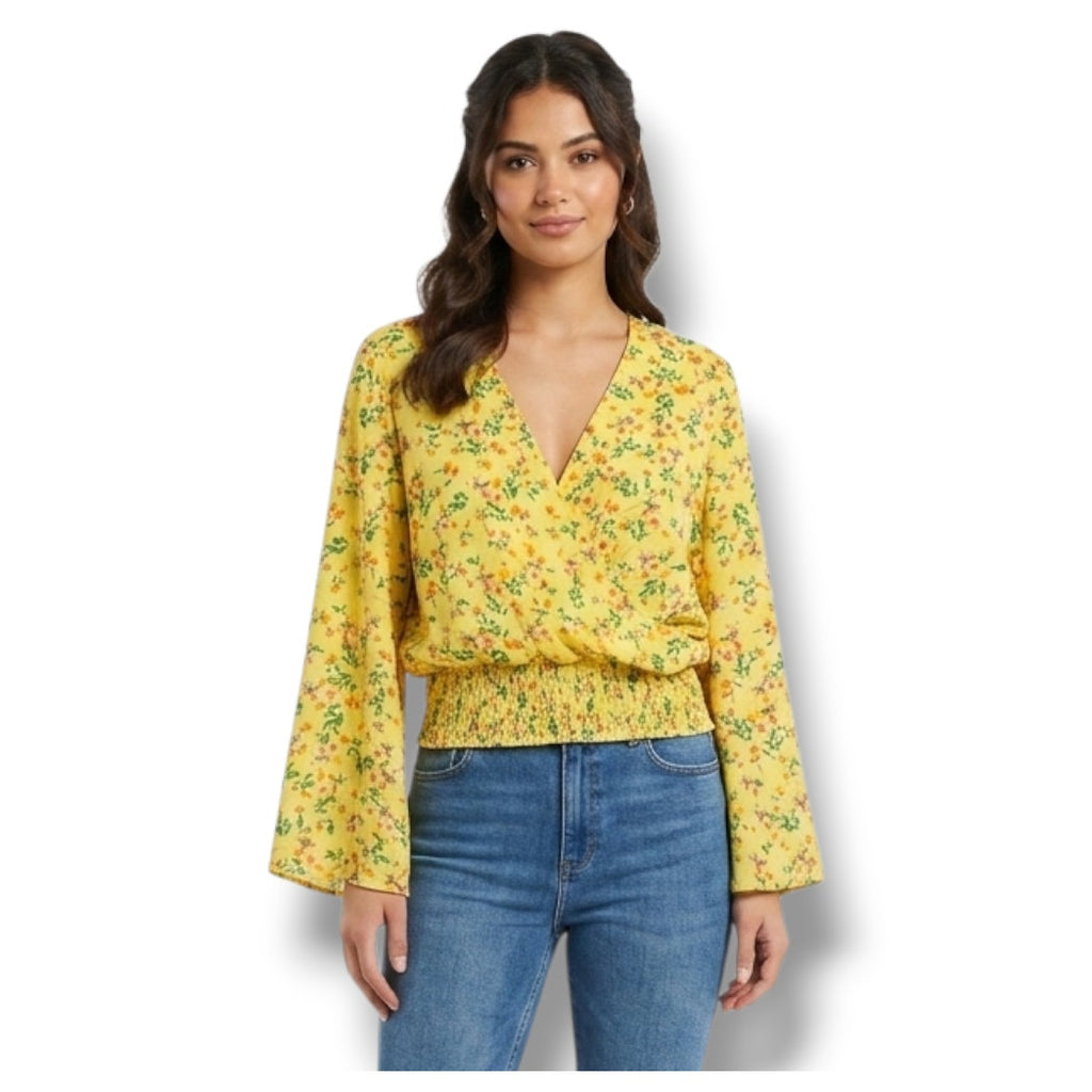 For the Republic Women’s Yellow Floral Long Sleeve Wrap Smocked small Blouse