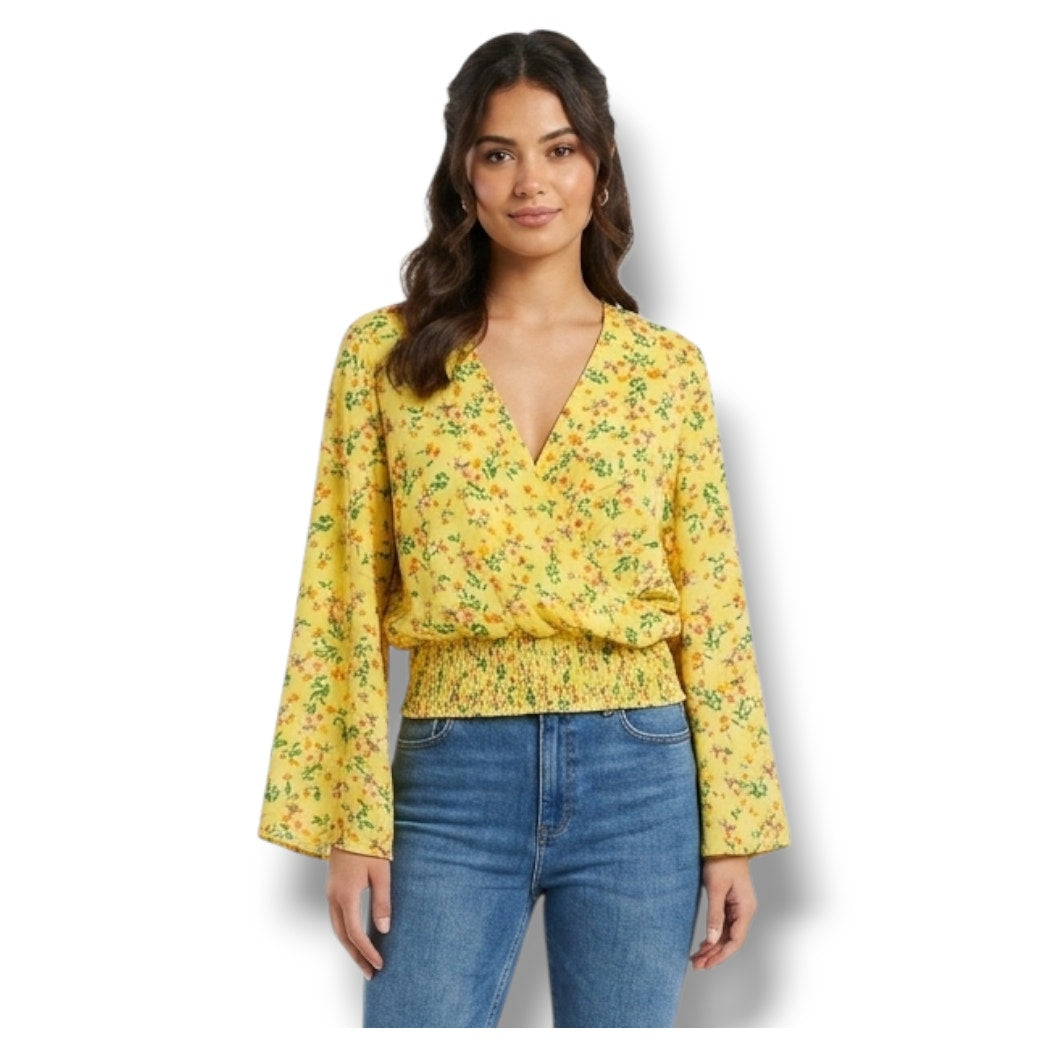 For the Republic Women’s Yellow Floral Long Sleeve Wrap Smocked small Blouse