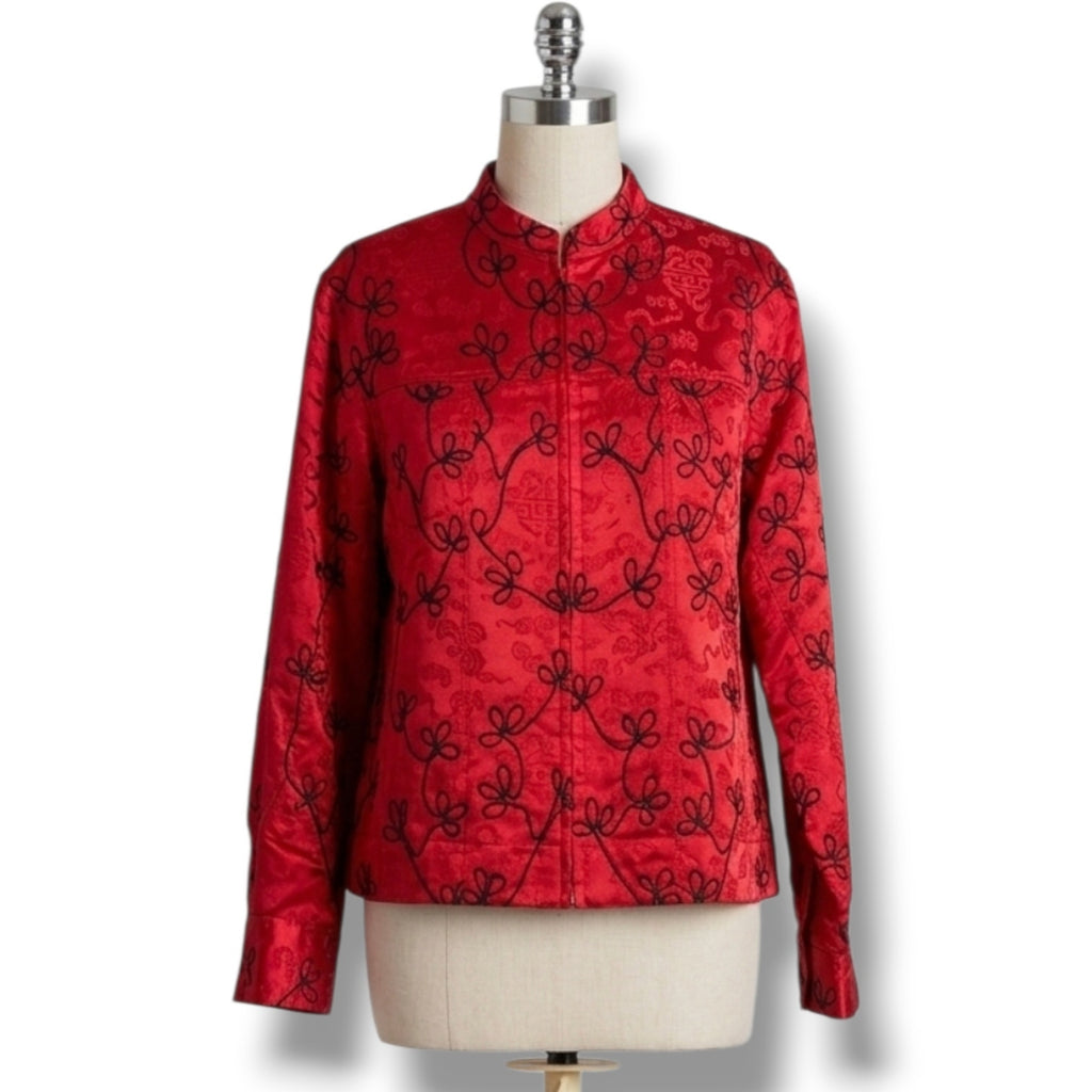Chico's Design Vintage Women's Size 3 Red Silk Black Embroidered Zip Jacket