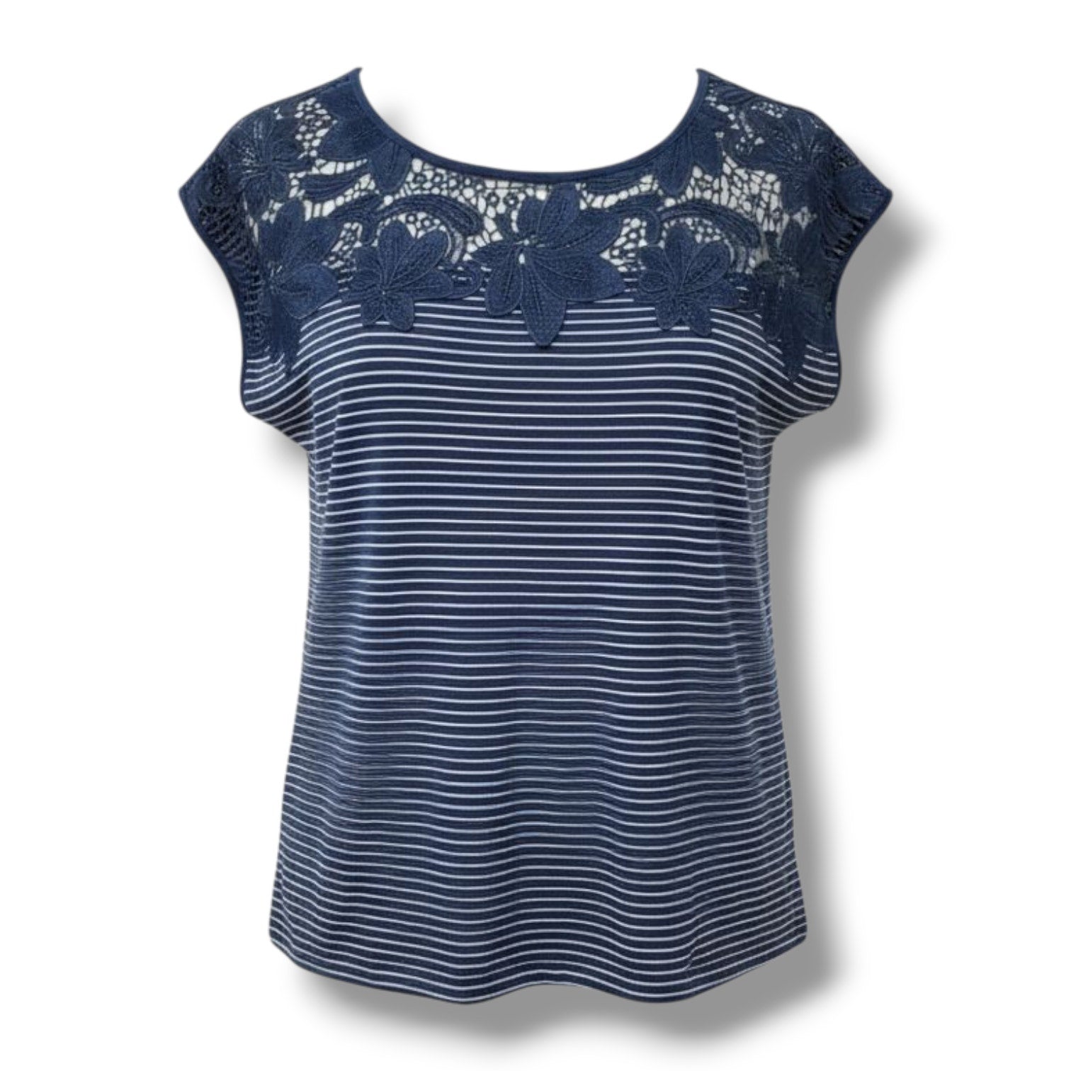 St. John’s Bay Women’s Blue Striped Lace Detail Sleeveless Top Sz Medium