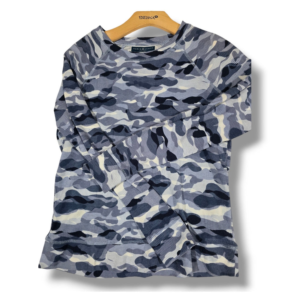 Karen Scott Sport Women’s Blue Camo Waffle Knit Crewneck Top - XS