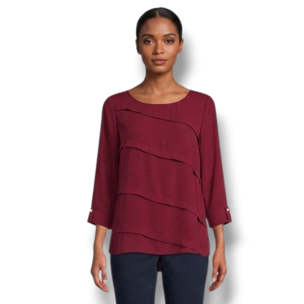 Dana Buchman Women’s Burgundy Asymmetrical Tiered Blouse Small