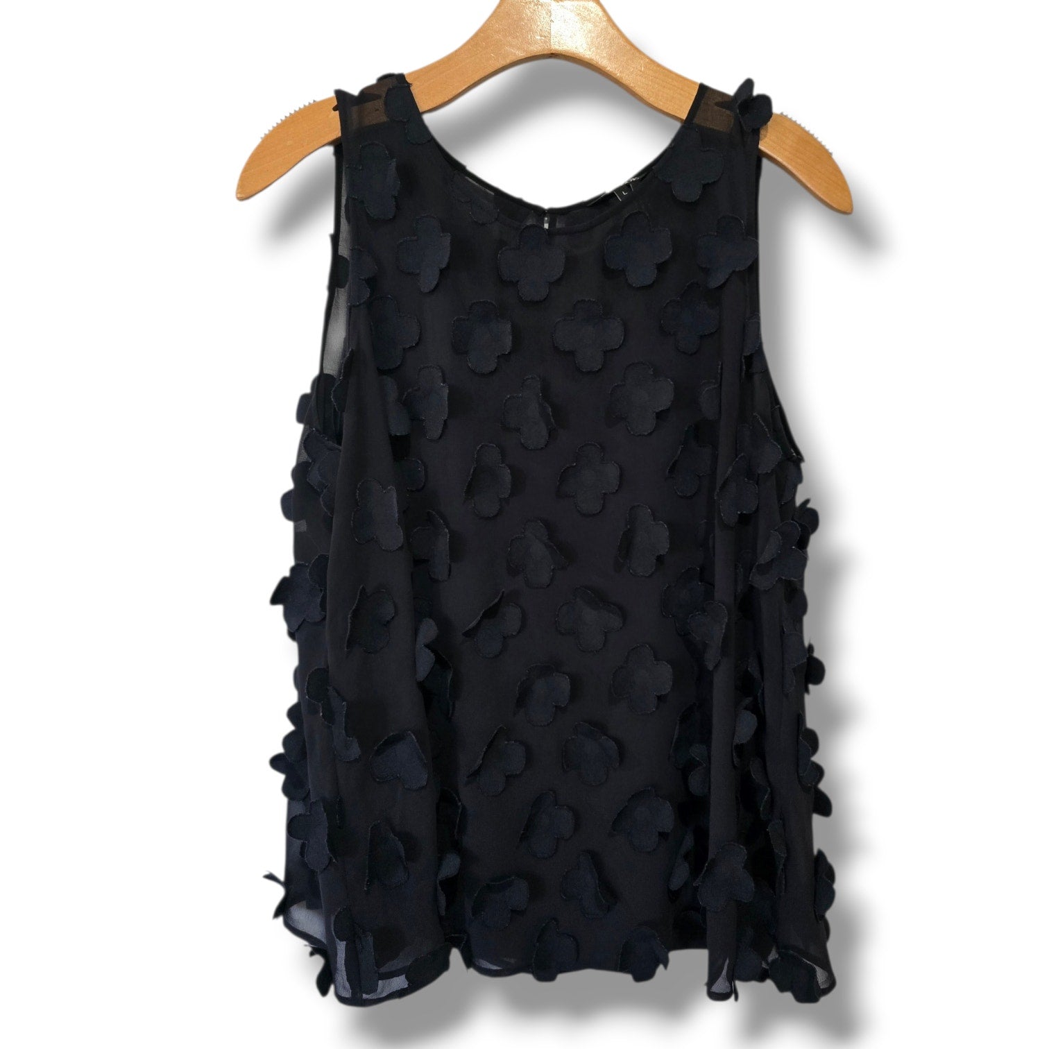 NIC+ZOE women's Black 3D Floral Appliqué Sheer Sleeveless Top Large