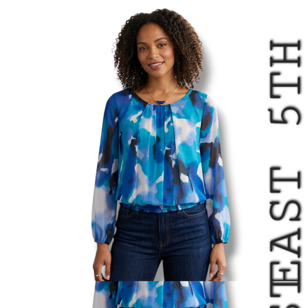 East 5th Women's Blue Watercolor Abstract Chiffon Blouse Size Medium
