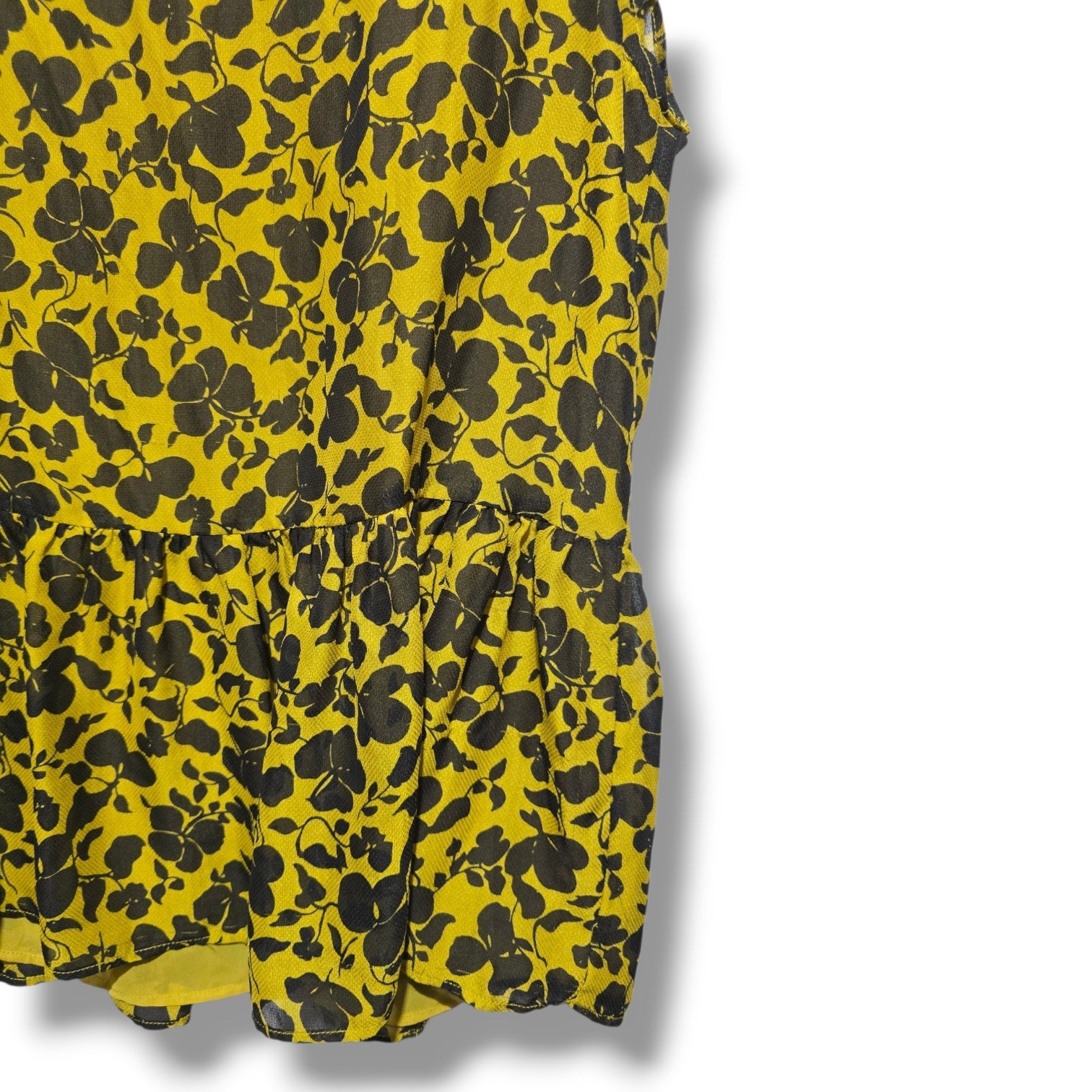 Ann Taylor Factory Women's Size Medium Chartreuse Yellow Black Floral Peplum Top