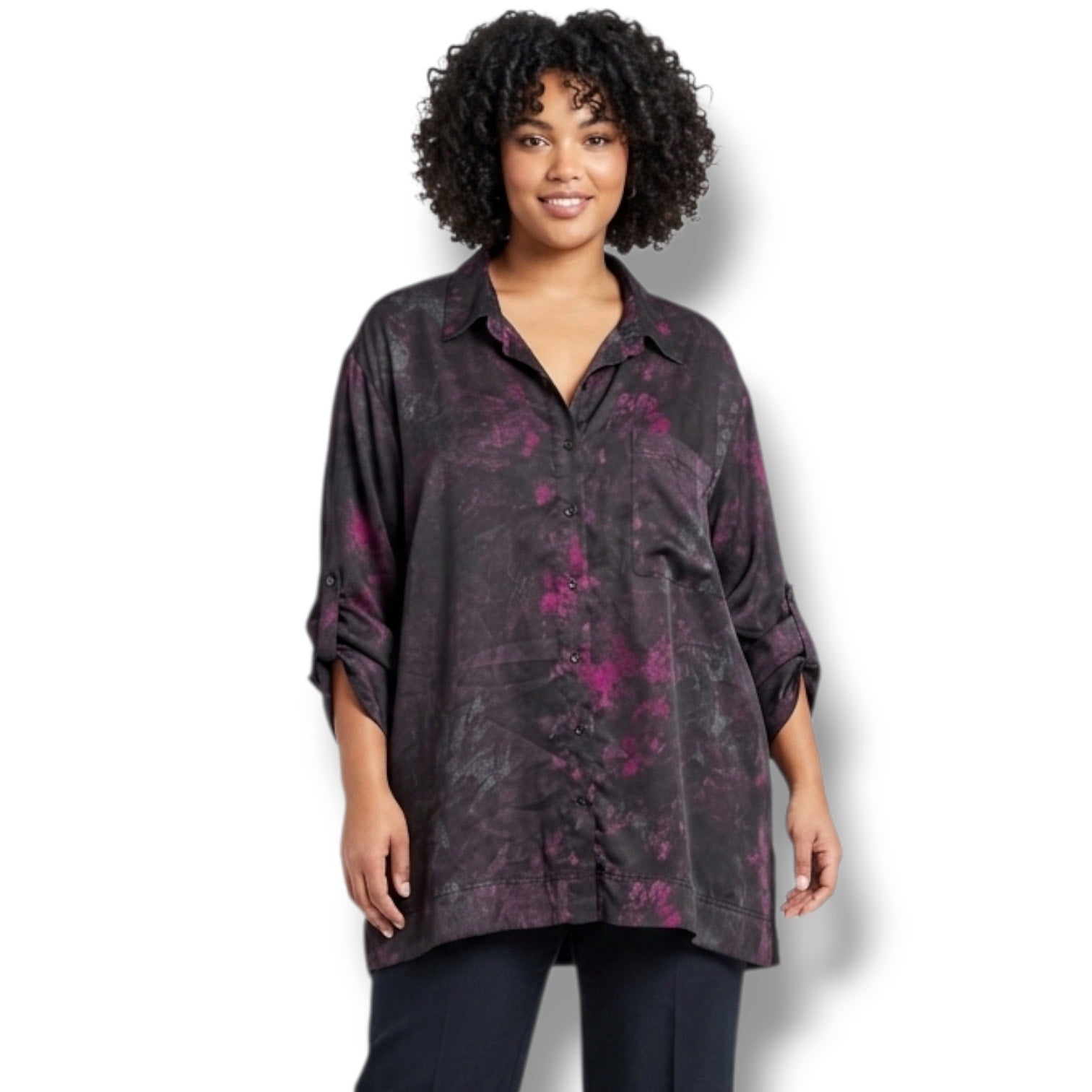Apostrophe women’s plus size Woman Black & Purple Watercolor Button-Down Blouse 24w/26w
