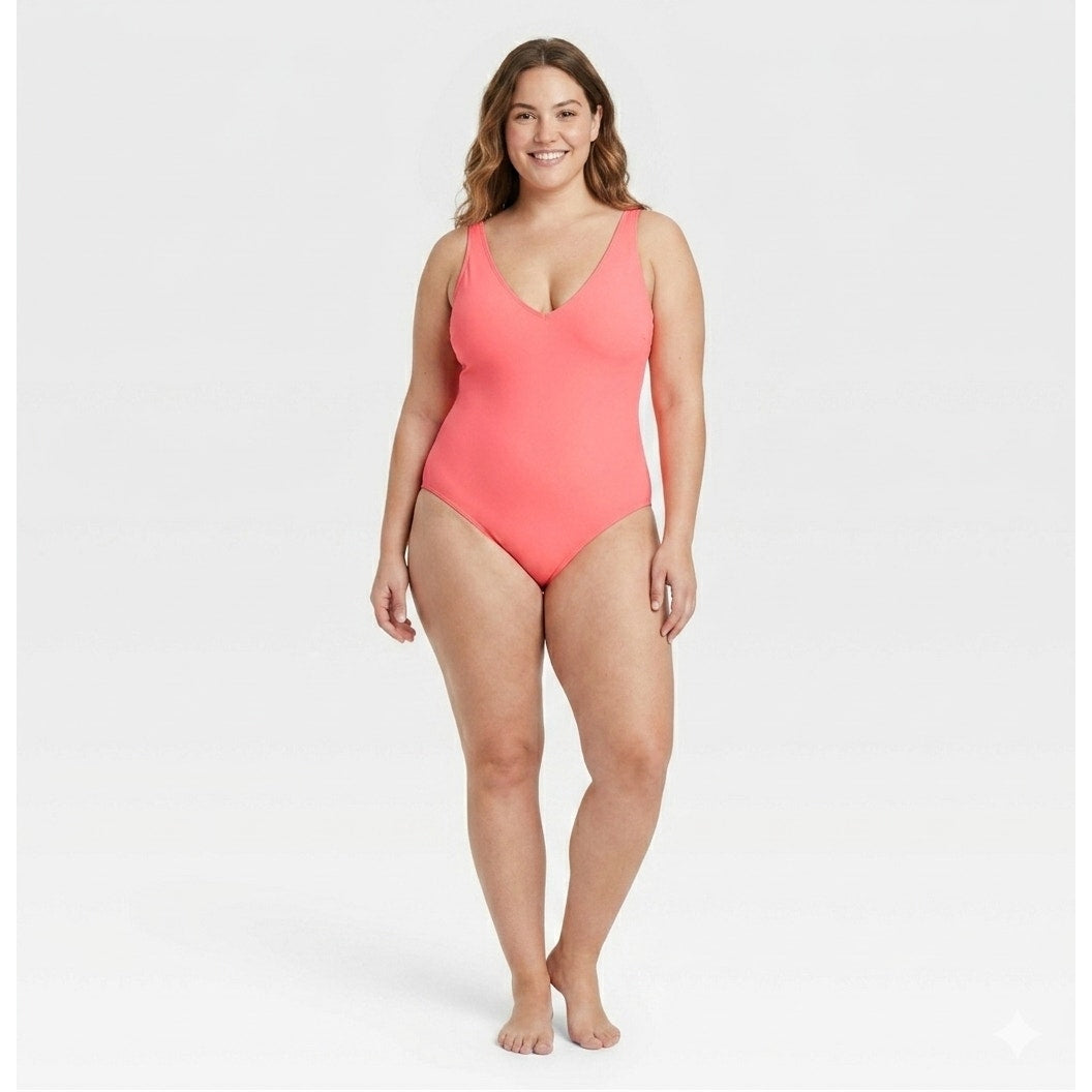 Kona Sol Women’s Plus Size Peach V-Neck One-Piece Swimsuit – New With Tags