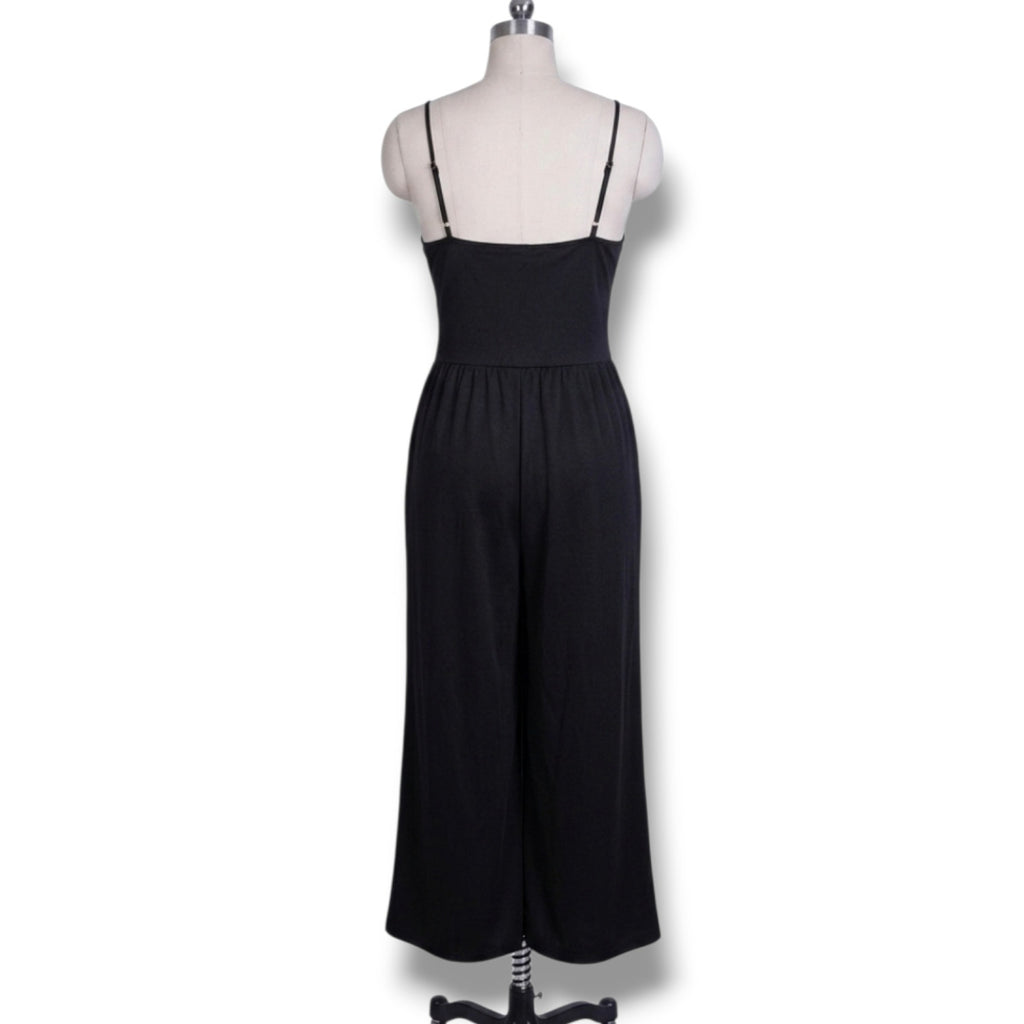 Women's Size Large Black Ribbed Knit Wide Leg Cami Jumpsuit