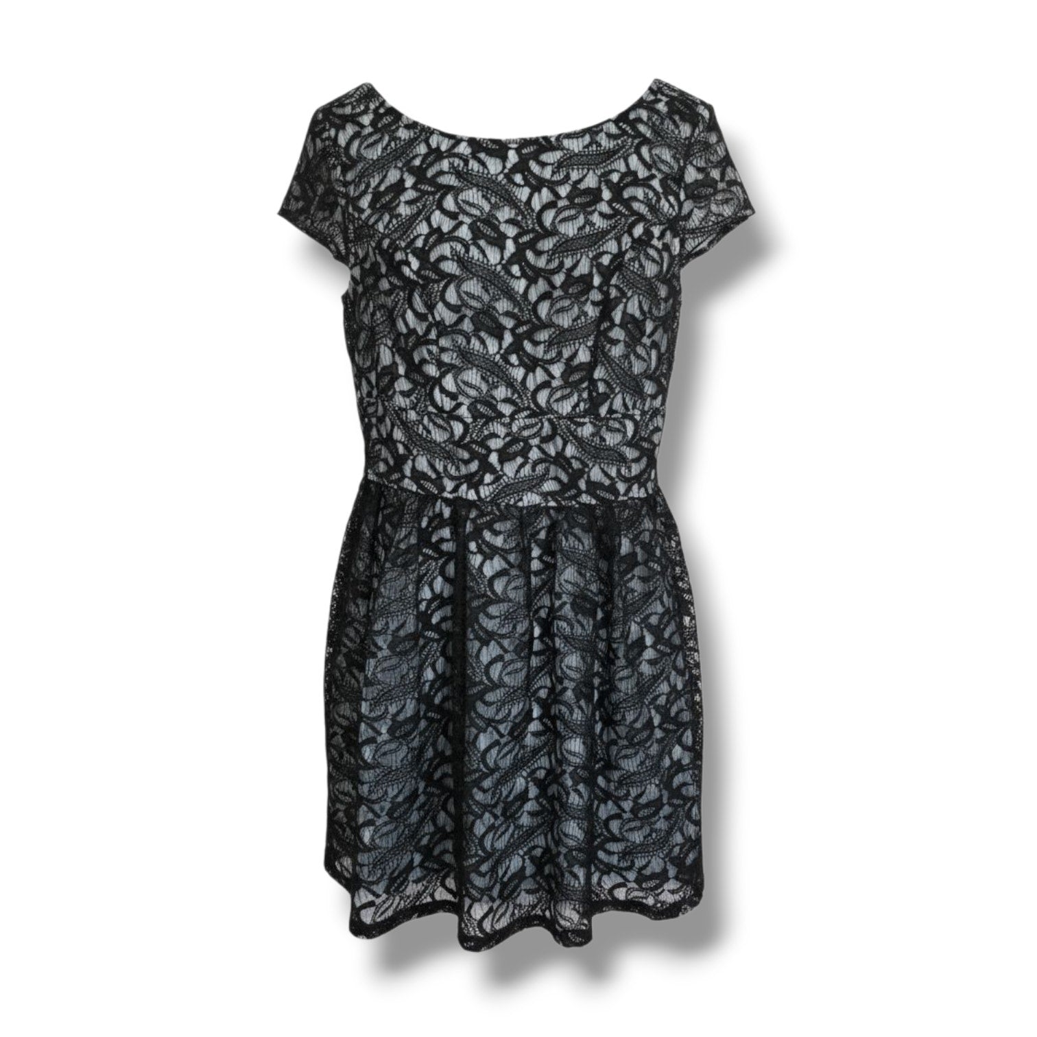Three Pink Hearts Juniors Black Lace Fit & Flare Dress Blue Lining Size 7