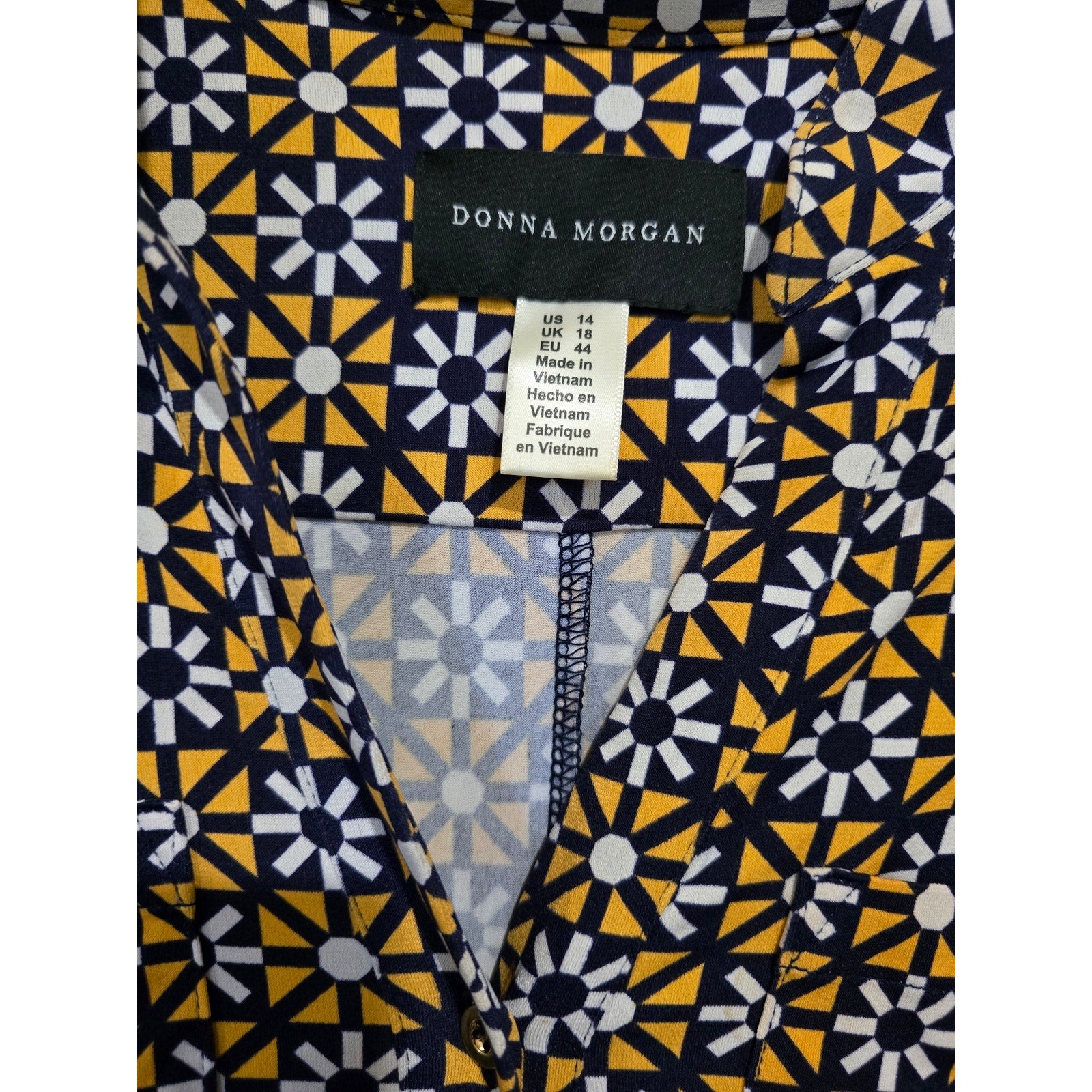 Donna Morgan Womens Size 14 Dress Geometric Navy Yellow Stretch Shift Preowned