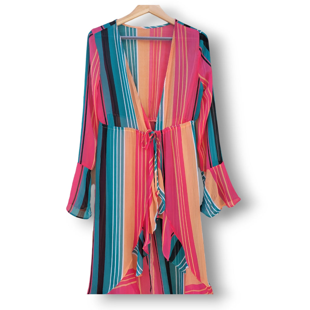 NO Boundaries Juniors Multicolor Sheer Striped Kimono Cover-Up – XS
