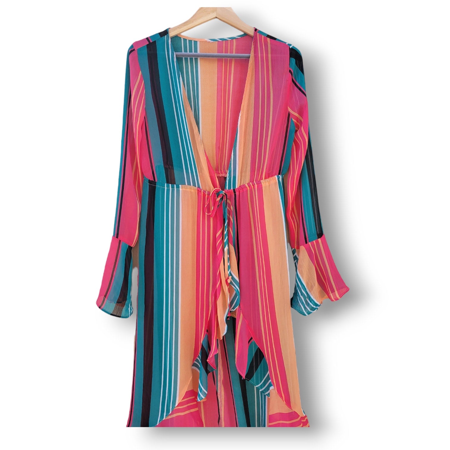 NO Boundaries Juniors Multicolor Sheer Striped Kimono Cover-Up – XS