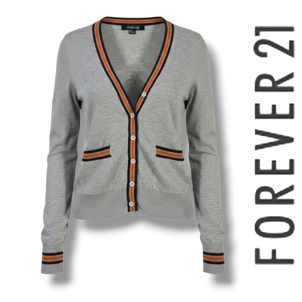 Forever 21 women’s Gray Button Front Cardigan Sweater with Striped Trim – Small