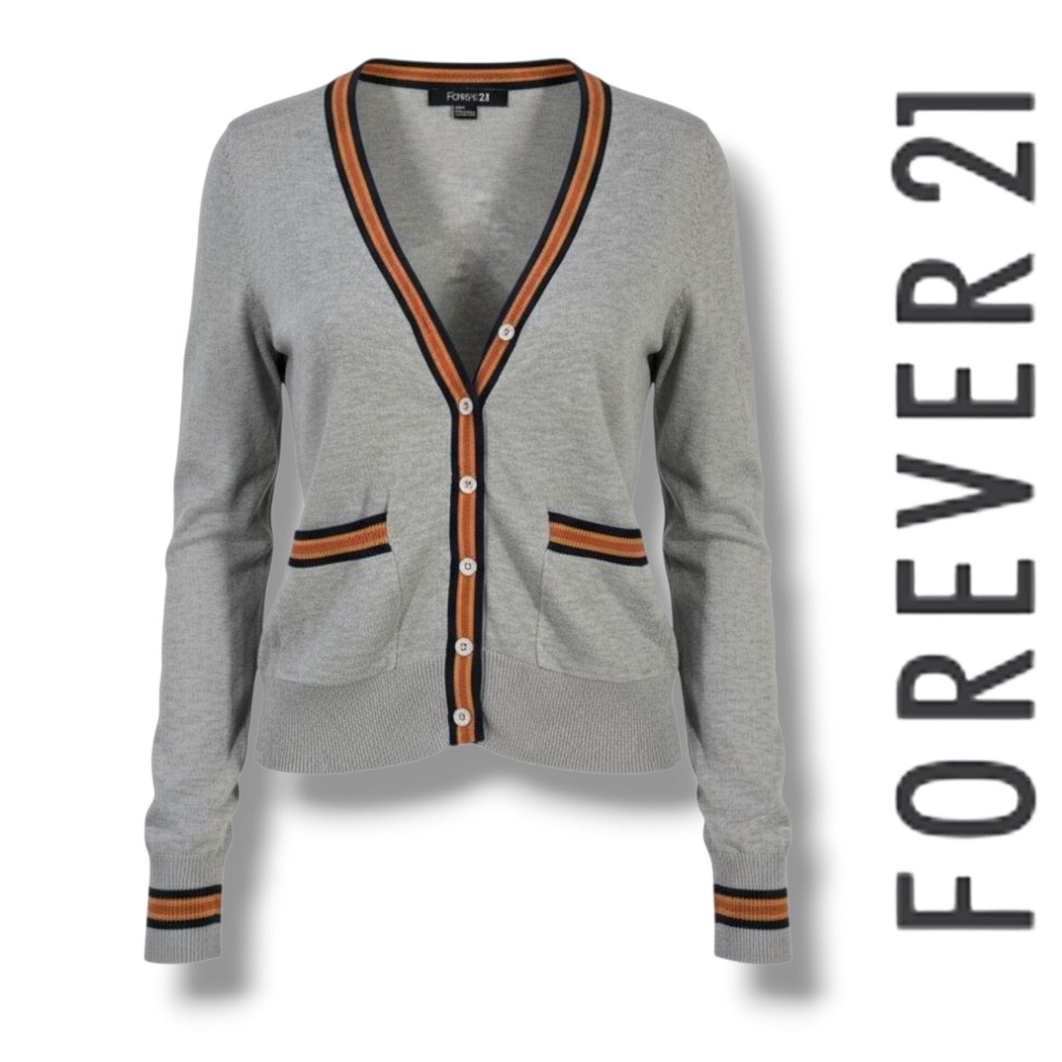 Forever 21 women’s Gray Button Front Cardigan Sweater with Striped Trim – Small