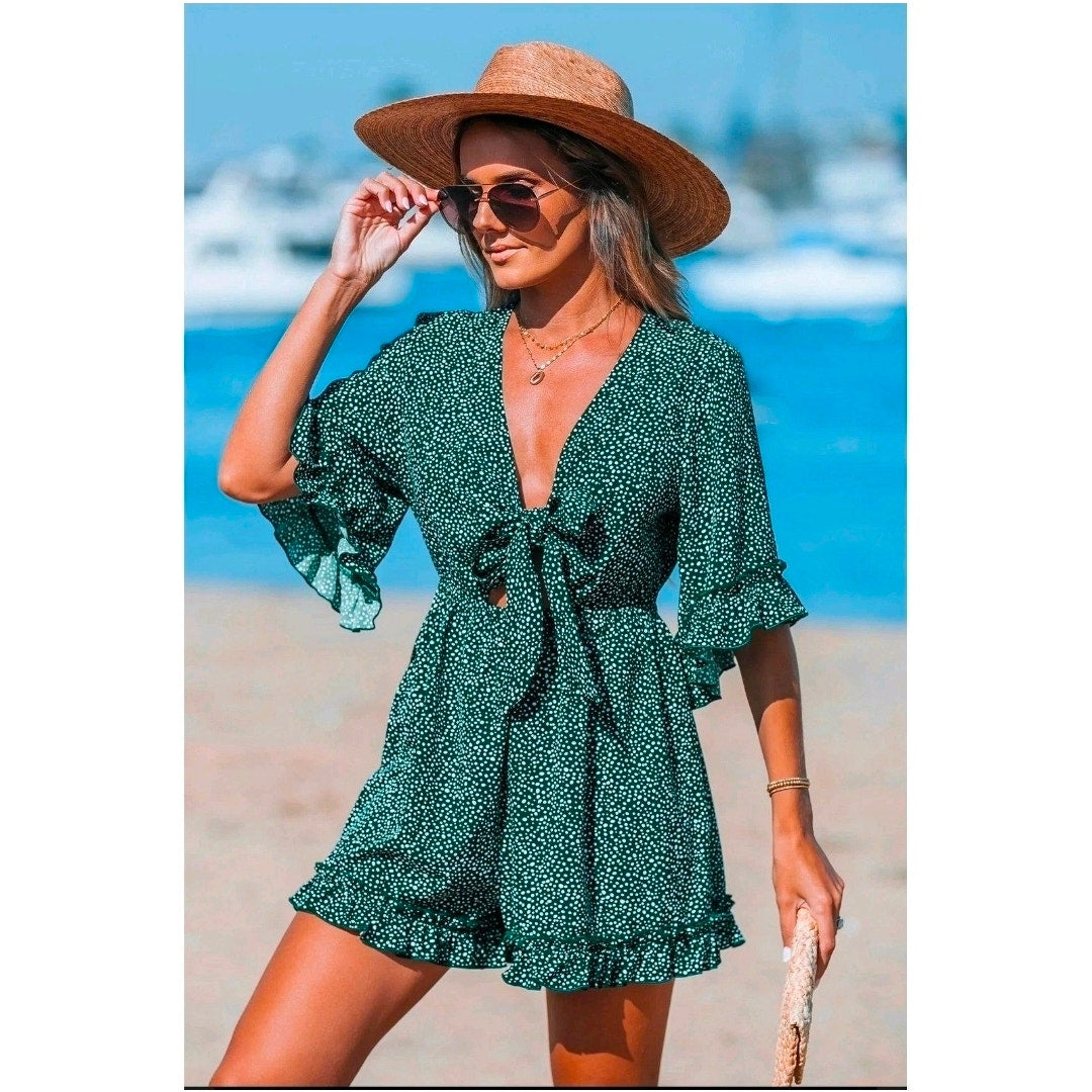 SHEIN Women's Size Large Dark Green Speckled Tie Front Bell Sleeve Romper