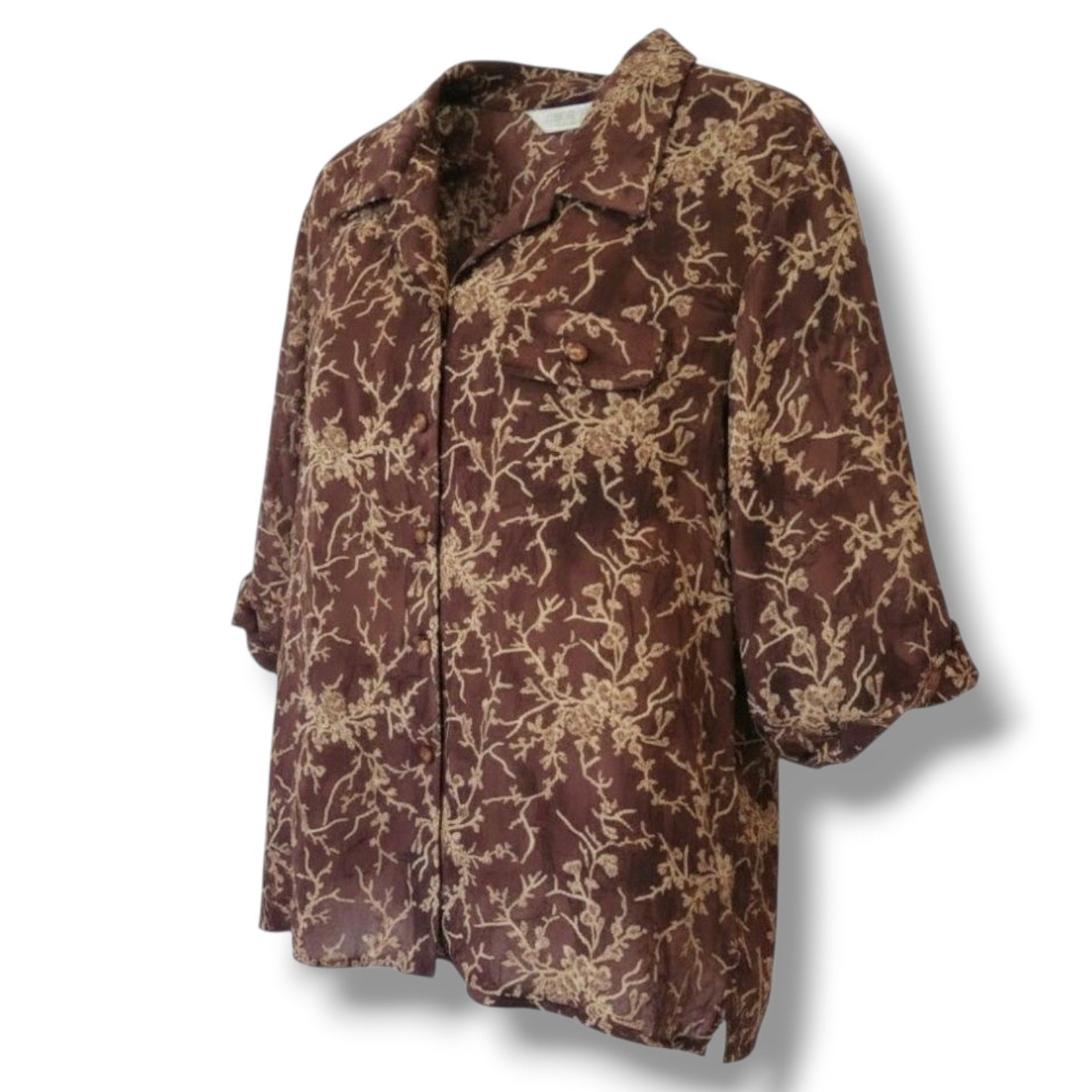 Ryh Shin Brown Floral Button-Down Blouse – Medium, Vintage Style, Pre-Owned
