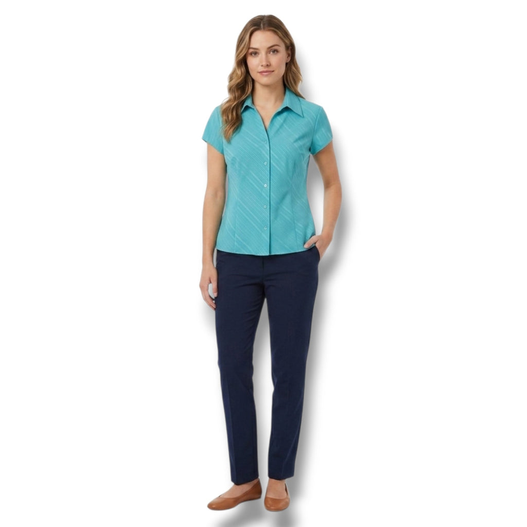 Worthington Teal Aqua Diagonal Stripe Short Sleeve Button Down Blouse Size 8