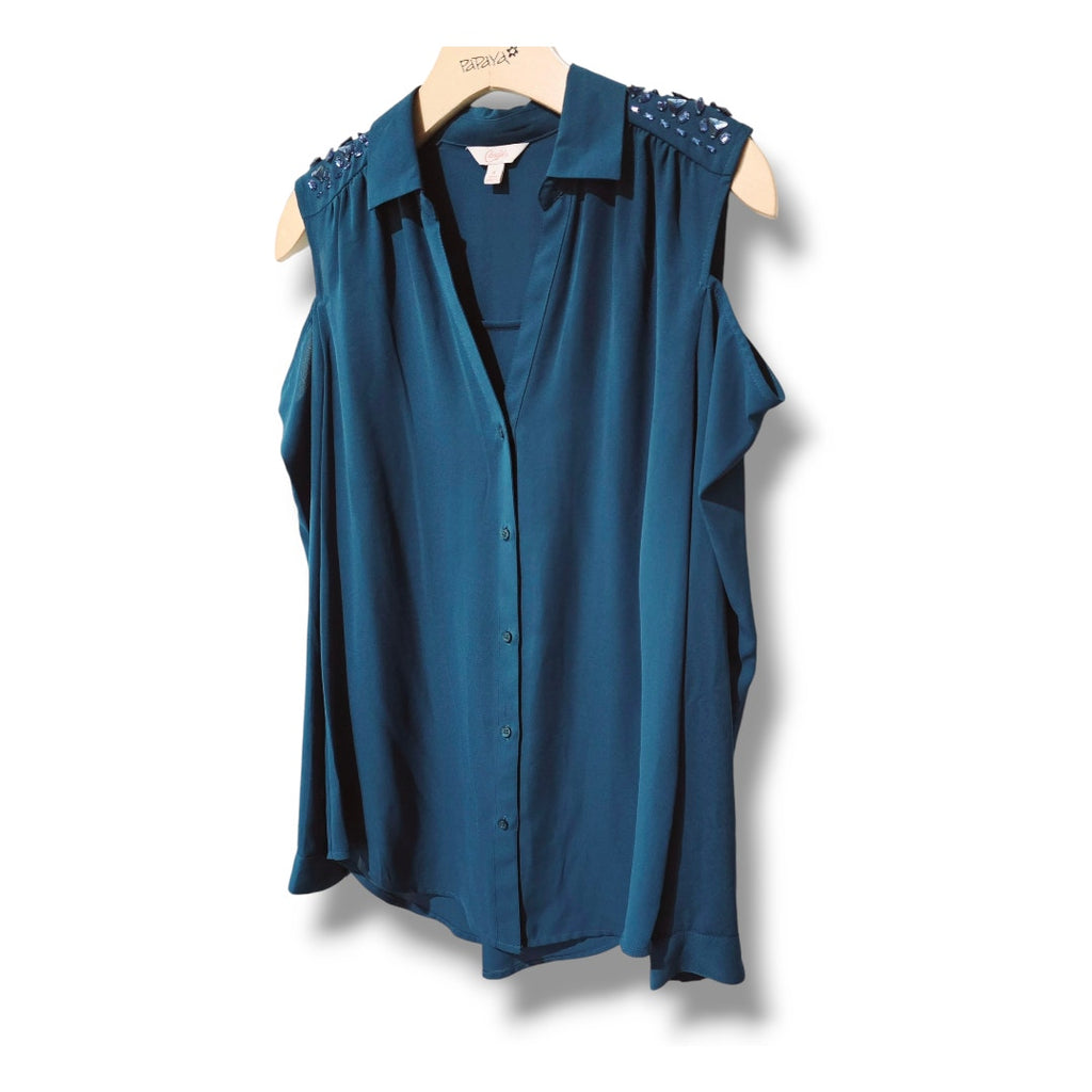 Candie's Size Medium Teal Blue Cold Shoulder Button Down Blouse Embellished
