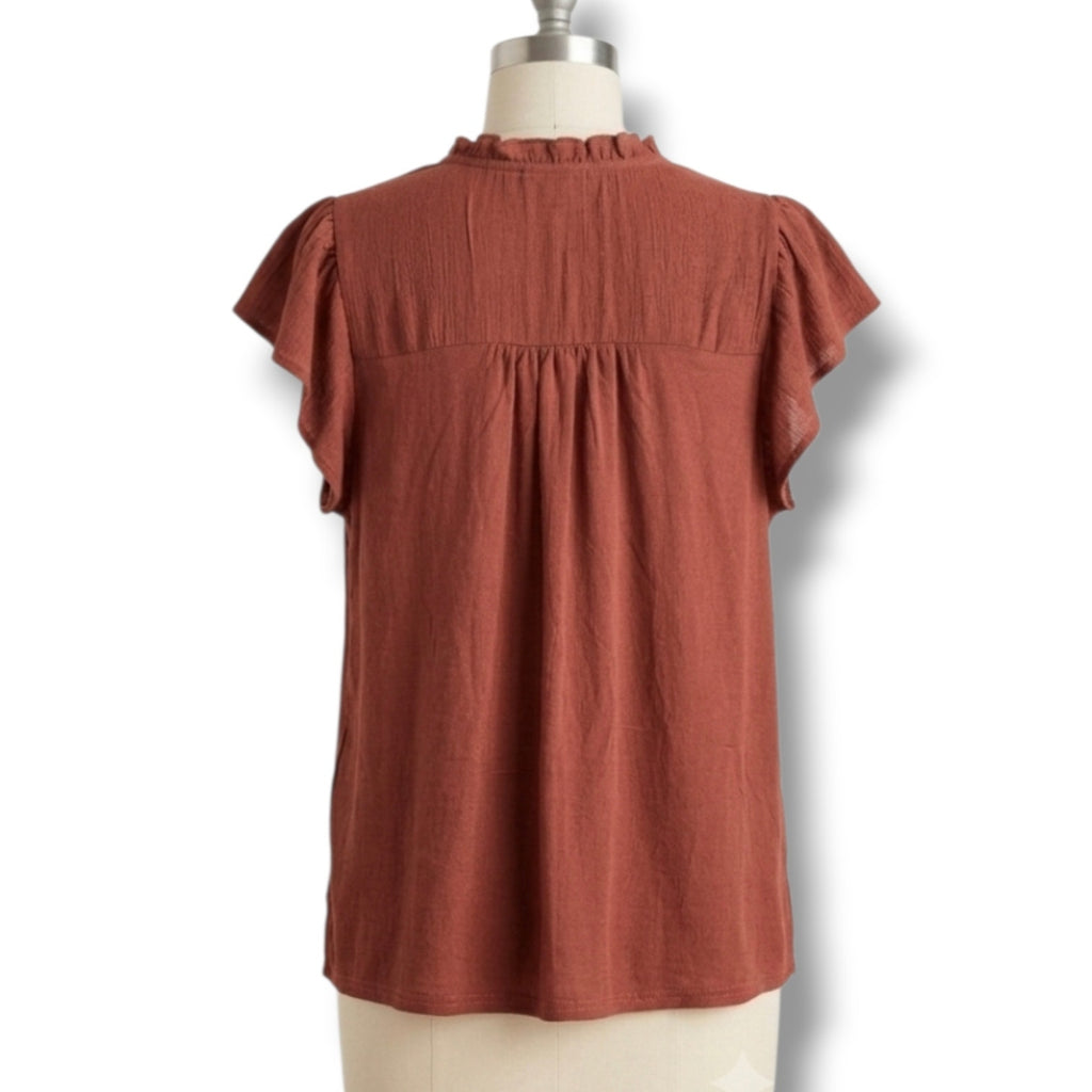 Flower & Feather Women's Medium Rust Terracotta Embroidered Flutter Sleeve Top