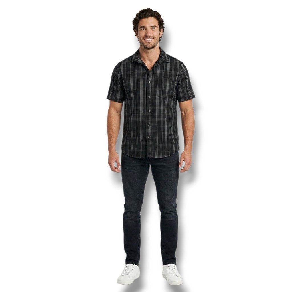 George Men's Plaid Short Sleeve Button Down Shirt M Black Gray Classic Fit