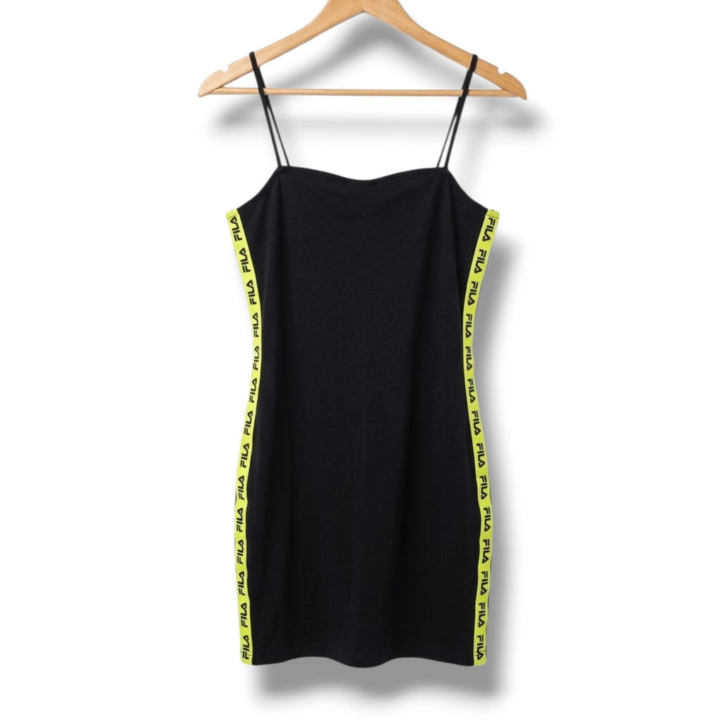 Fila Black Bodycon Cami Mini Dress Neon Lime Logo Tape Trim Women's Medium