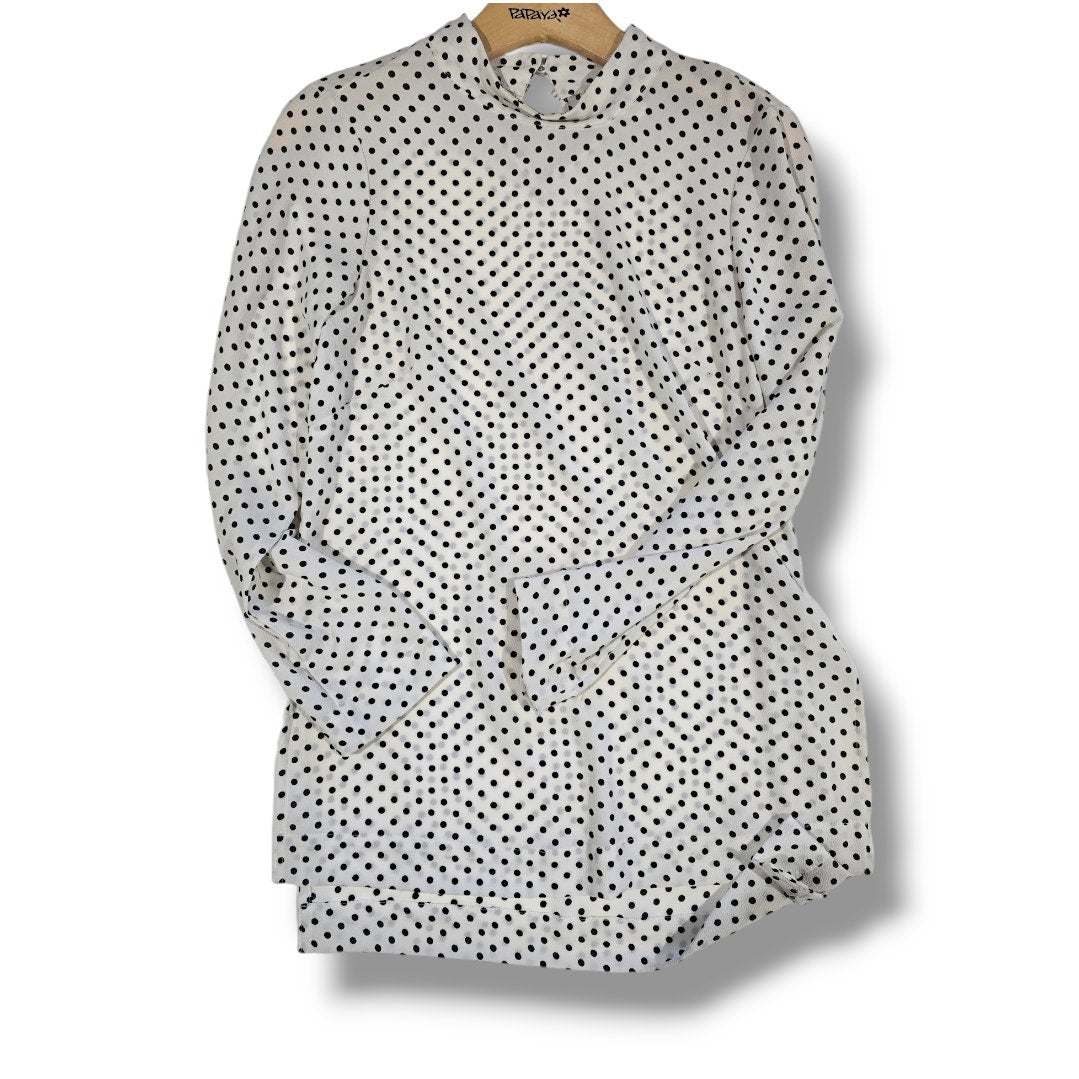 H&M Women’s White Black Polka Dot Mock Neck Long Sleeve Blouse Size 2