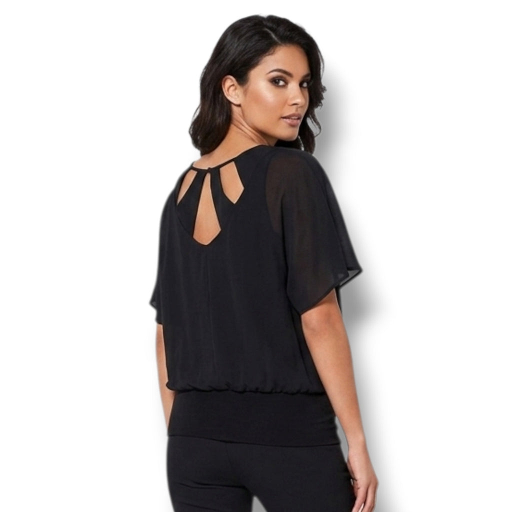 Joseph A. Women's Large Black Silk Blend Cage Neck Short Sleeve Blouse