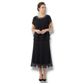 Dani Max Vintage Black Chiffon Tiered Dress 14 Beaded Neck Midi Evening