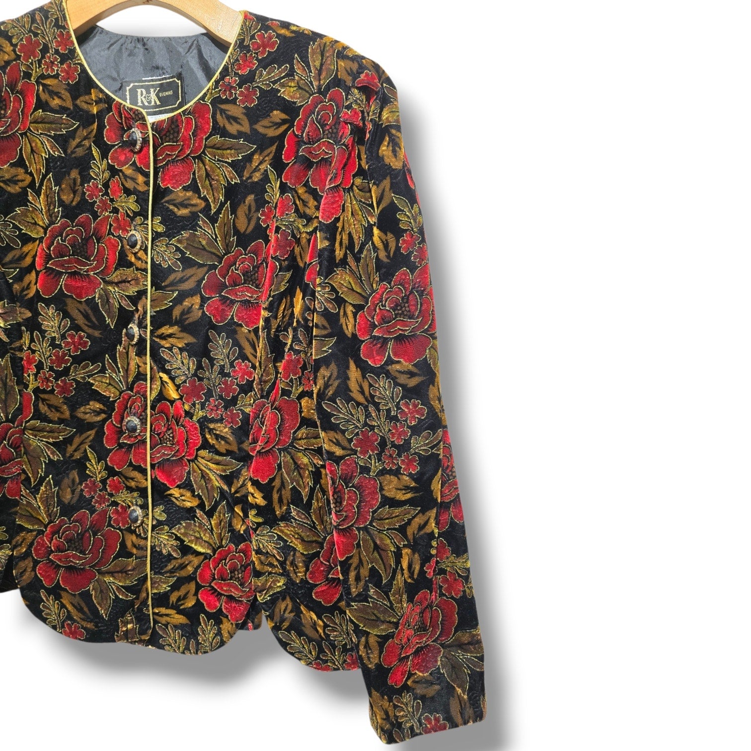 R&K Evening Vintage Women's Size 16 Red Floral Velvet Metallic Blazer Jacket