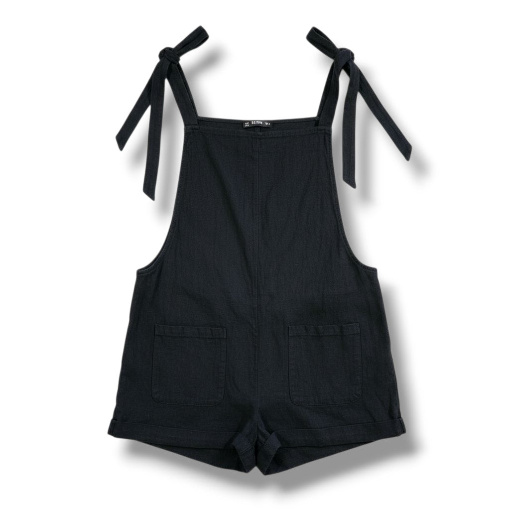 SHEIN Women’s Black Tie-Shoulder Overall Romper Shorts – Size M, 100% Cotton