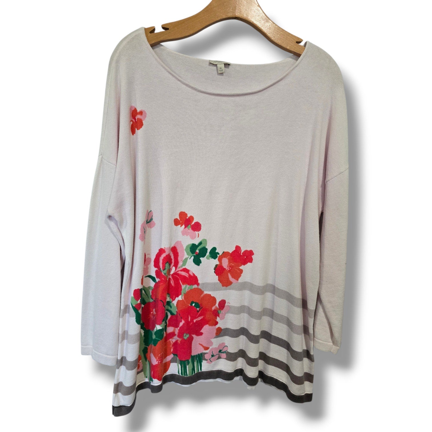 Talbots Soft Pink Floral & Striped Cotton Knit Sweater XL
