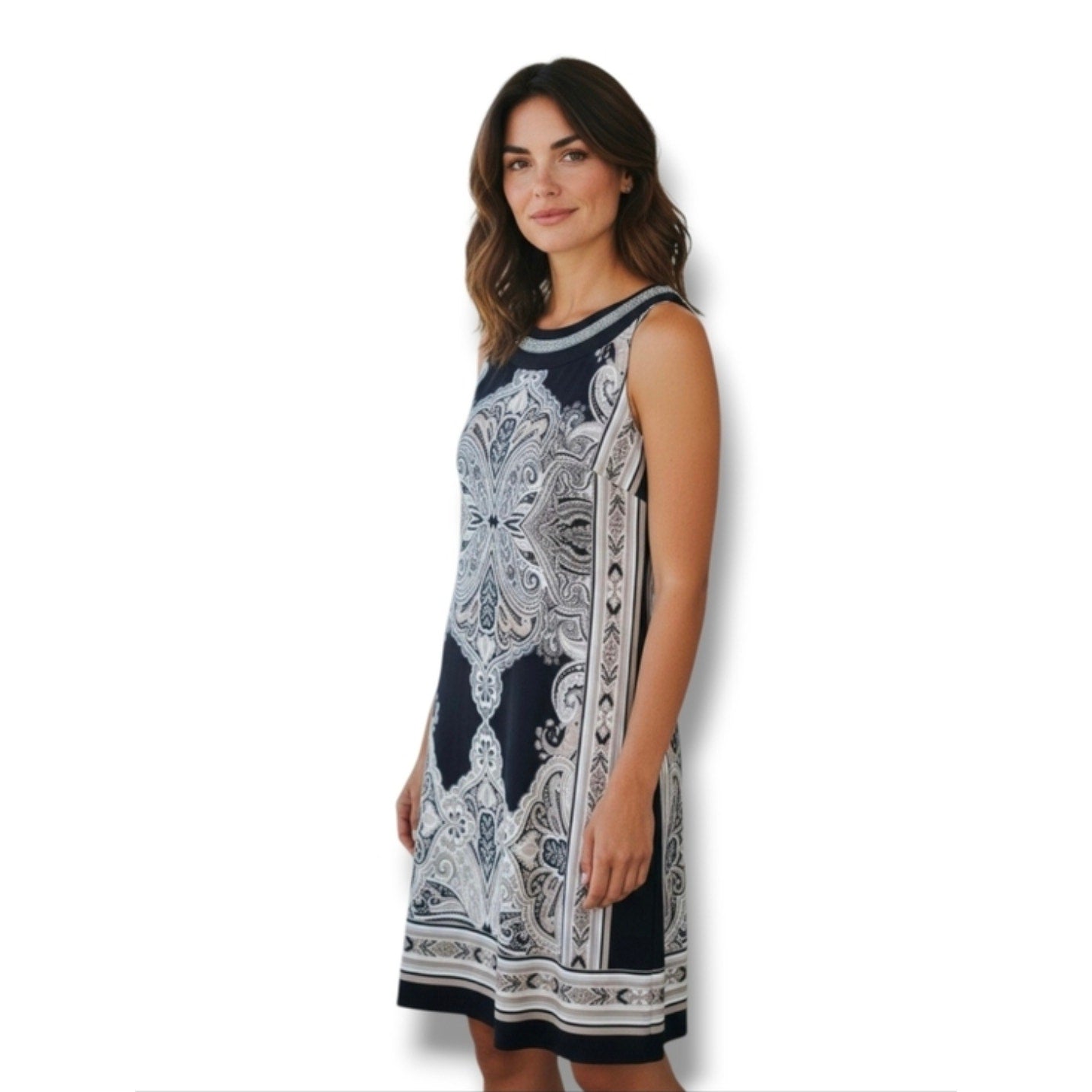 Sandra Darren Women’s Sleeveless Printed Jersey Necklace Dress Black Beige