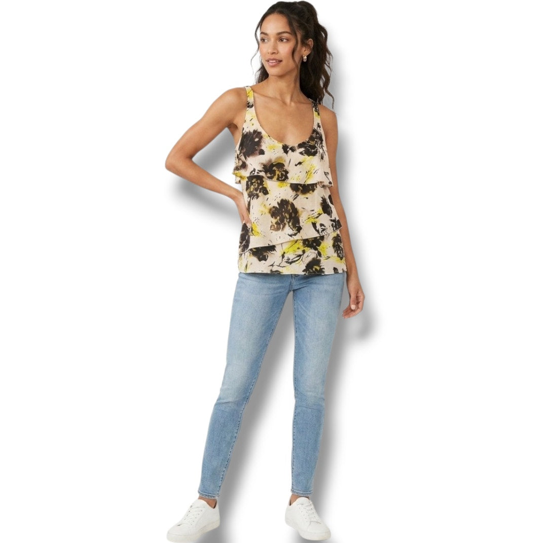 Old Navy Women’s Yellow Black Floral Layered Sleeveless Blouse – XS, Polyester
