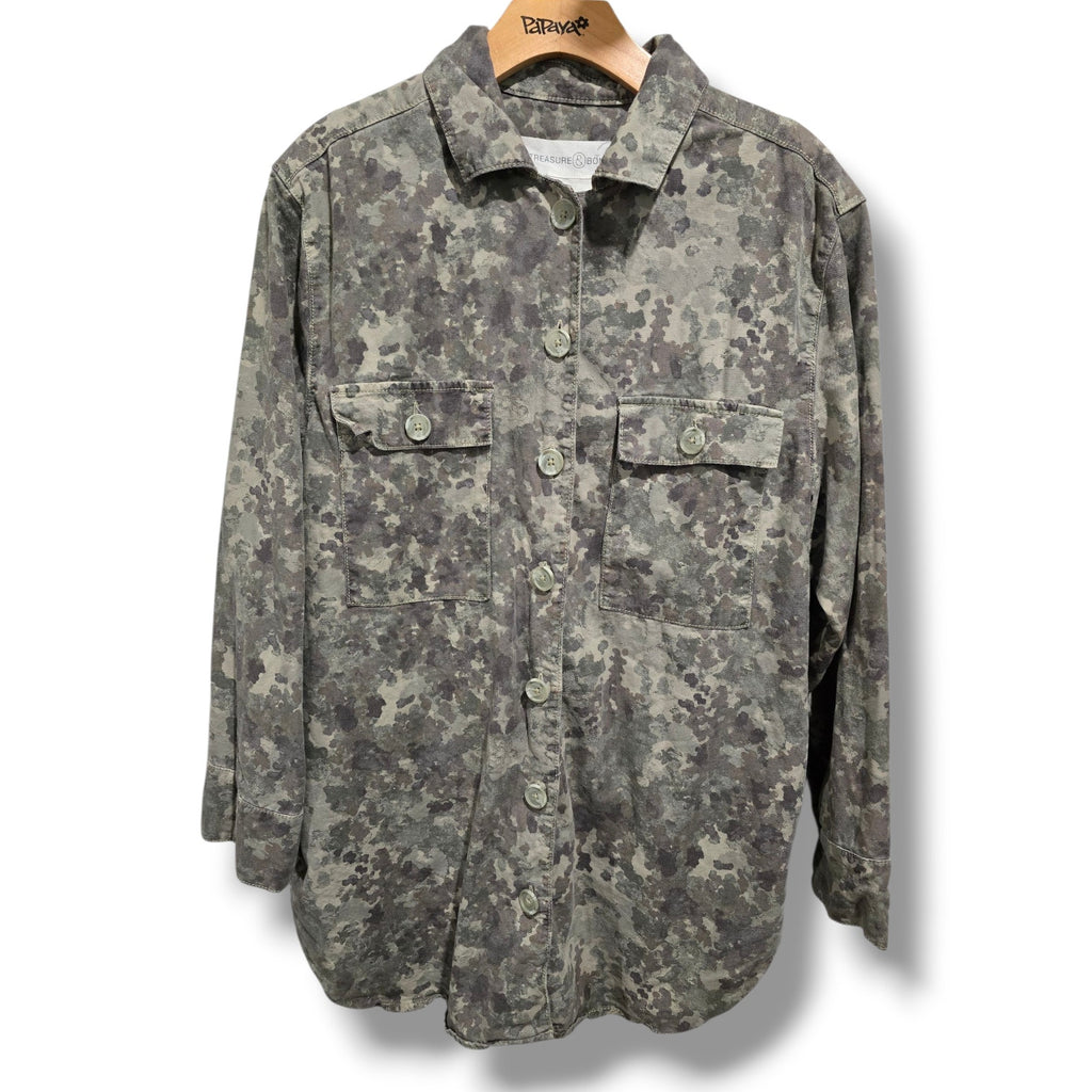 Treasure & Bond Women’s Gray Camo Utility Button-Up Shirt Jacket - Size Medium