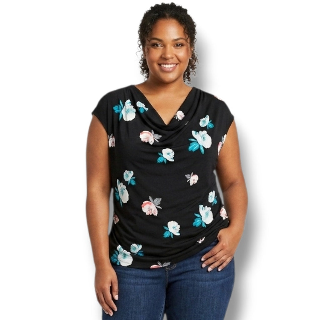 Worthington Woman plus size Black Floral Cowl Neck Cap Sleeve Blouse - 1x