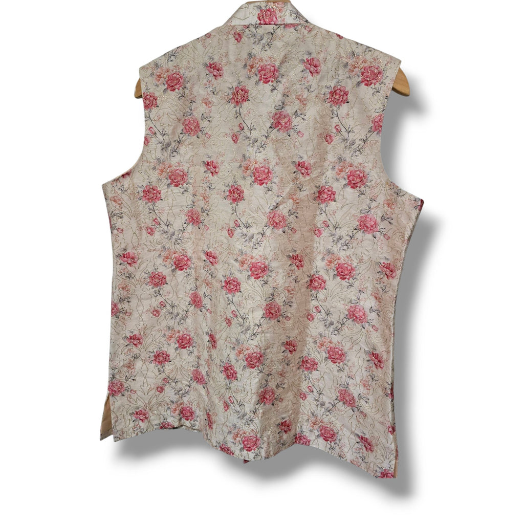 Manyavar men's Beige Jacket With Pink Floral Motifs