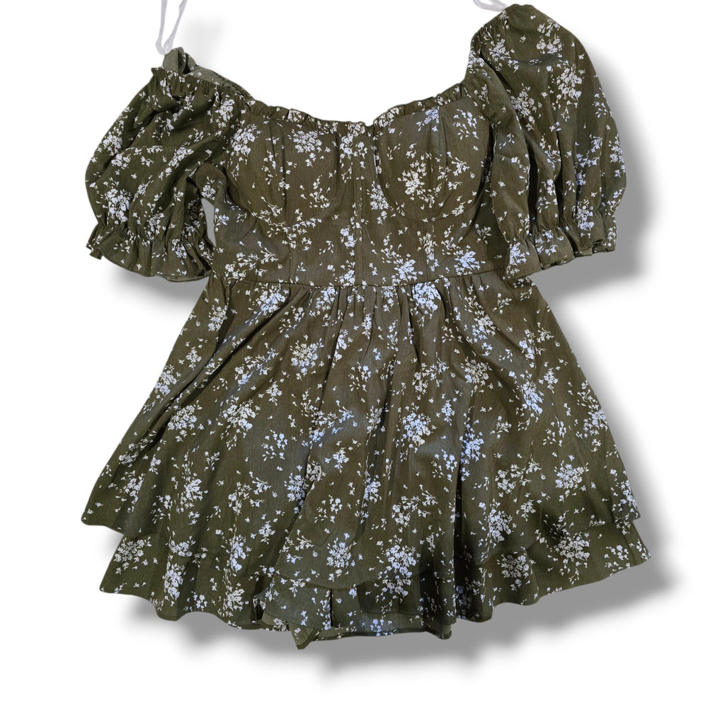 Inspired Hearts Women’s Olive Green Floral Puff Sleeve Corset Mini Dress Size M