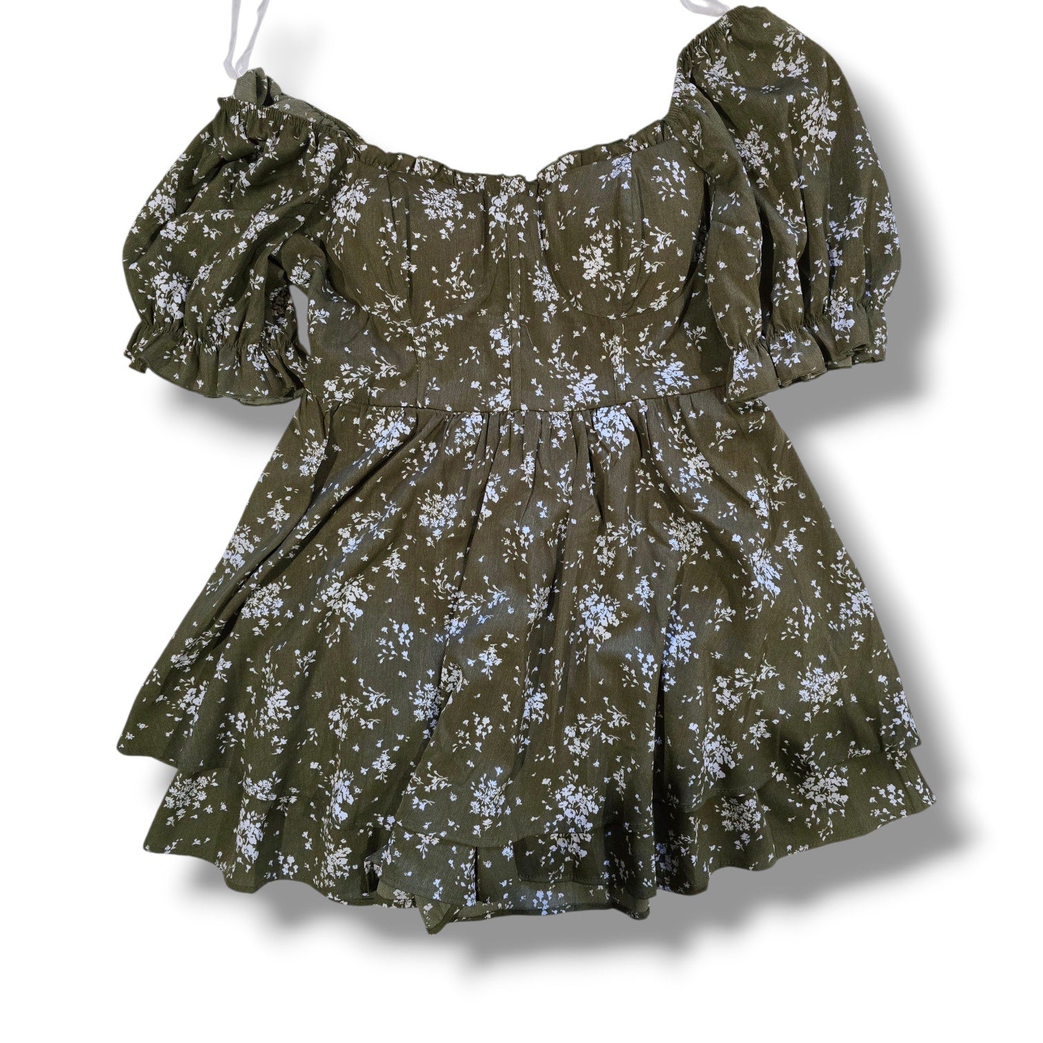 Inspired Hearts Women’s Olive Green Floral Puff Sleeve Corset Mini Dress Size M