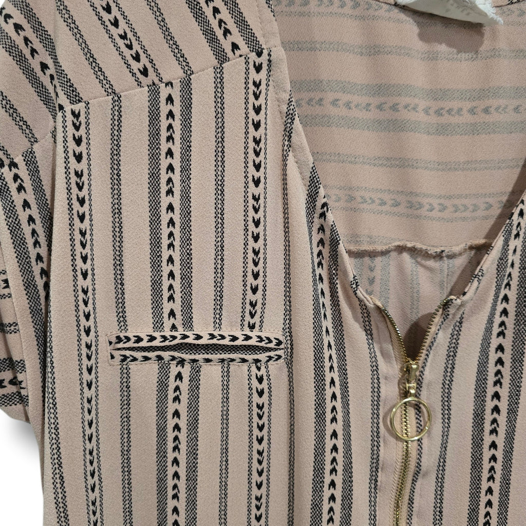Flower & Feather Striped Aztec O-Ring Quarter Zip Blouse MEDIUM