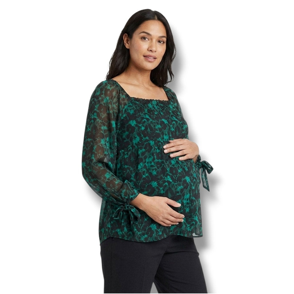 Isabel Maternity by Ingrid & Isabel Green Floral Long Sleeve Blouse xs maternity