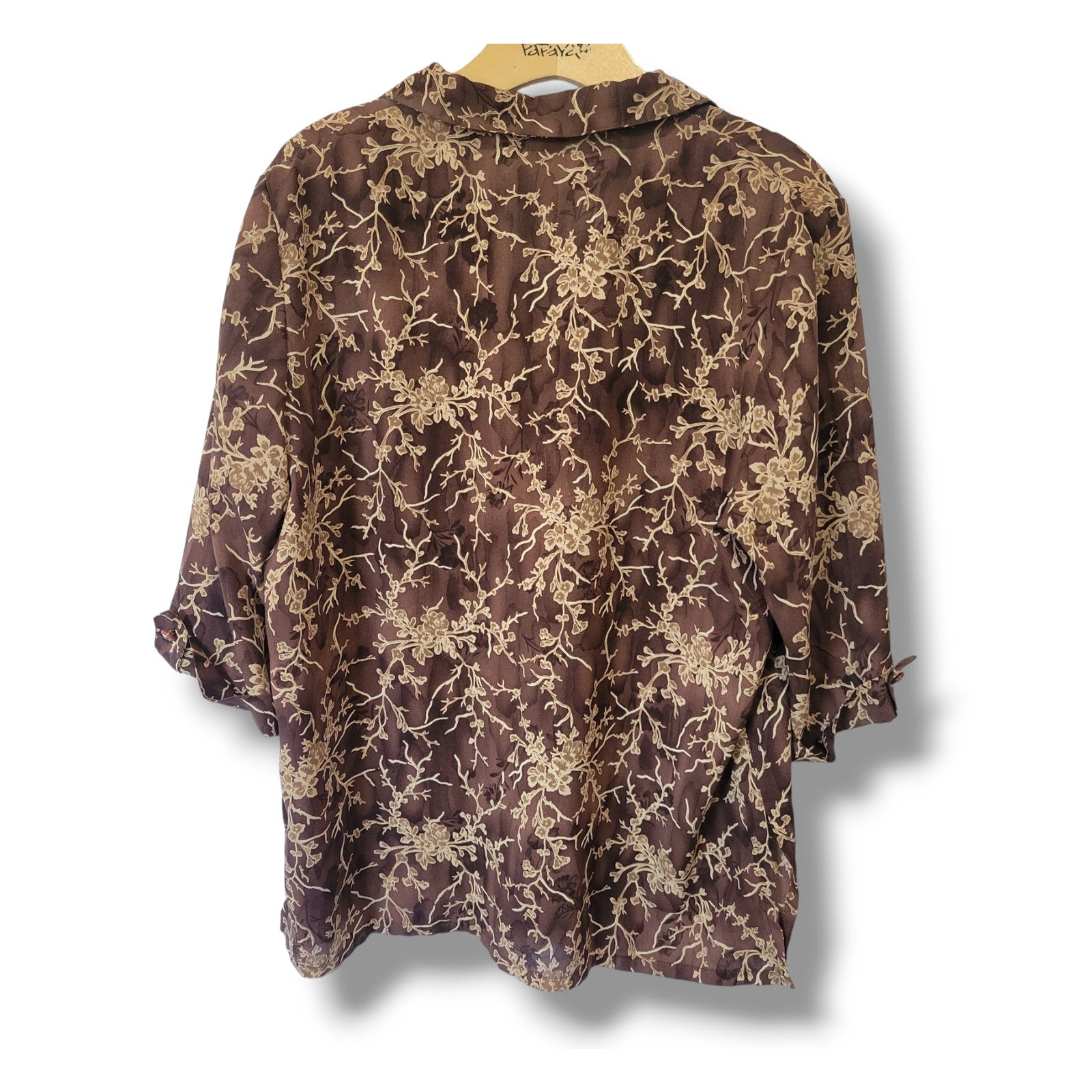Ryh Shin Brown Floral Button-Down Blouse – Medium, Vintage Style, Pre-Owned