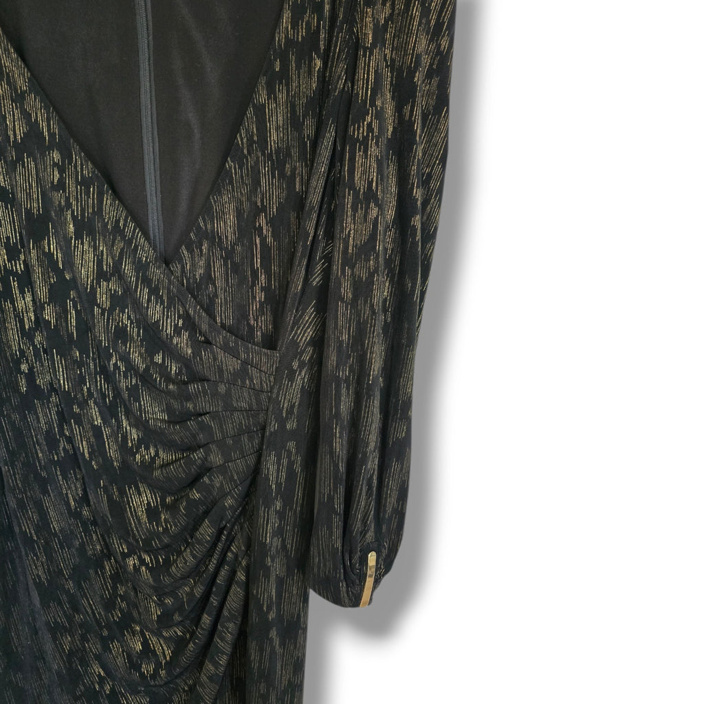 Caché Black & Metallic Gold Shimmer Ruched Faux-Wrap Dress – Large