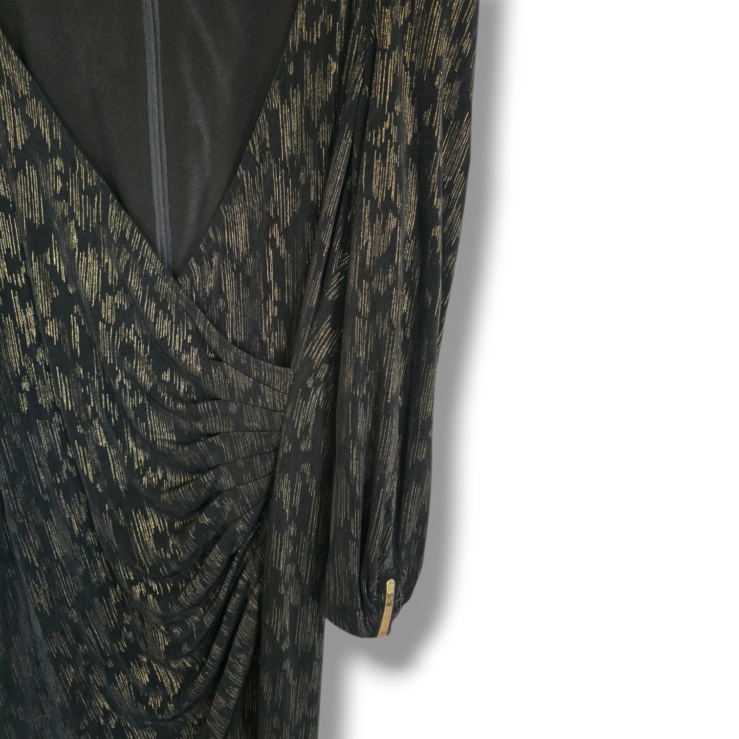 Caché Black & Metallic Gold Shimmer Ruched Faux-Wrap Dress – Large
