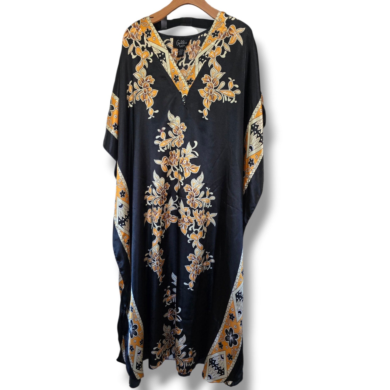 Goddess by Winlar Black & Gold Floral Satin Caftan Gown – One Size
