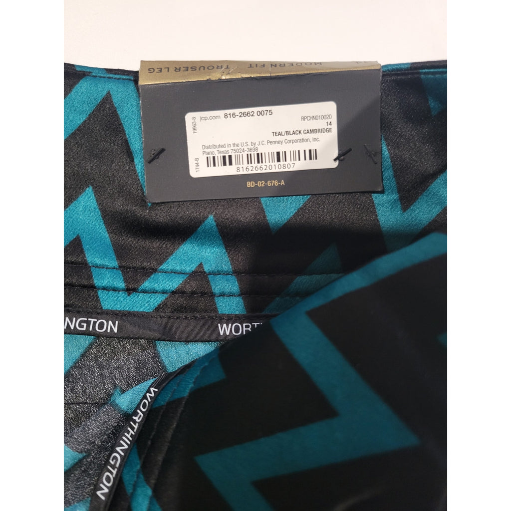 Worthington JCPenney Women’s Teal Chevron High Waist Trouser Pants – Size 14