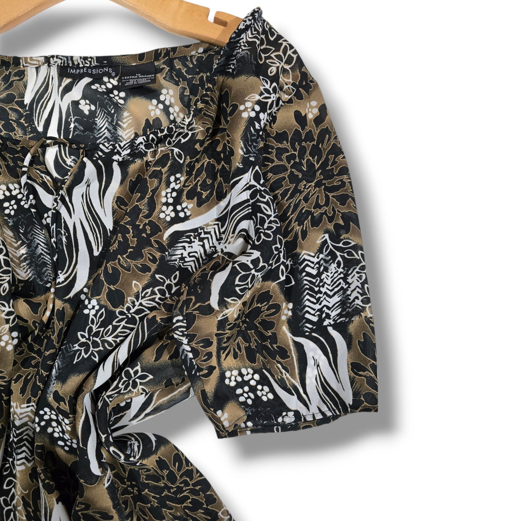 Impressions Women’s Plus Size Brown Black Floral short sleeves Blouse – 1X