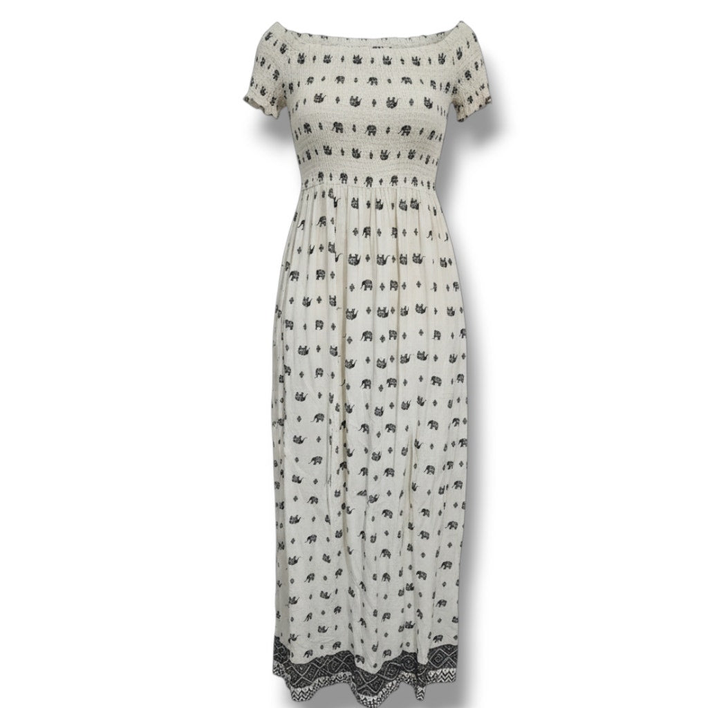Shosho Elephant Print Off Shoulder Maxi Dress Ivory Juniors Medium