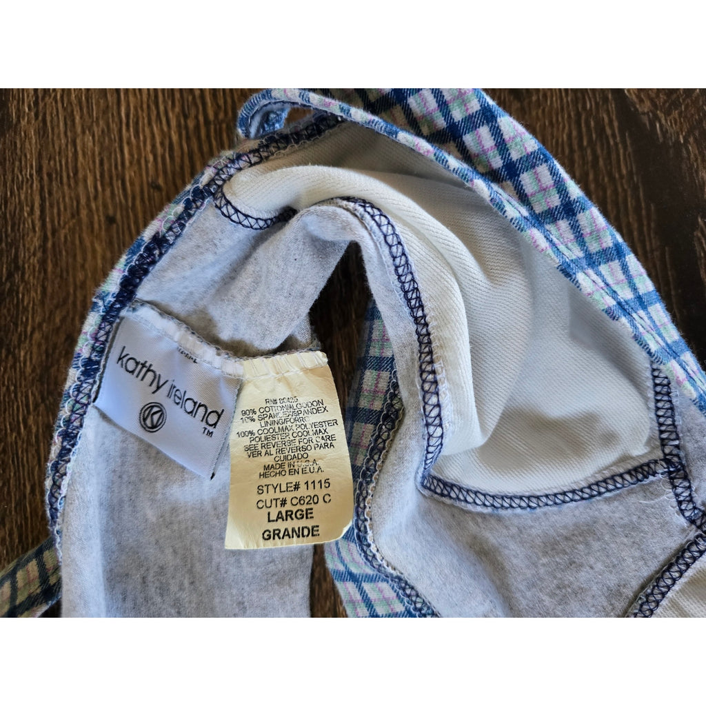 KATHY IRELAND Vintage Plaid Swim Top Large Blue White Gingham Bikini Crop