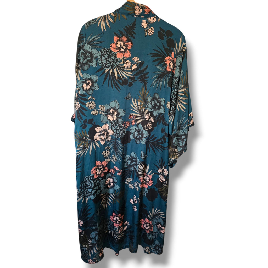 Midnight Bakery Teal Floral Satin Midi Robe Kimono – Medium/Large